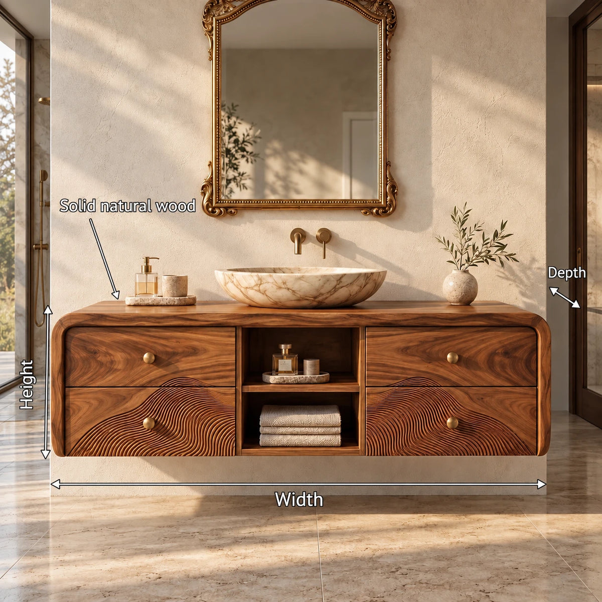Floating Vanity with Four Drawers, Wave-Carved Lower Pair and Open Towel Shelf - Woodenecho - 7
