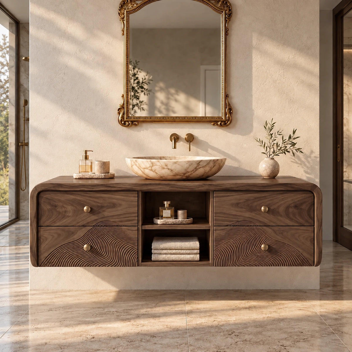 Floating Vanity with Four Drawers, Wave-Carved Lower Pair and Open Towel Shelf - Woodenecho - 8