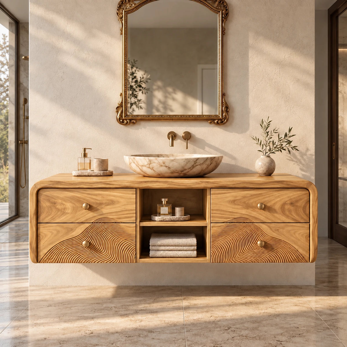 Floating Vanity with Four Drawers, Wave-Carved Lower Pair and Open Towel Shelf - Woodenecho - 9