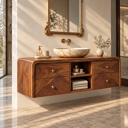 Floating Vanity with Four Drawers, Wave-Carved Lower Pair and Open Towel Shelf - Woodenecho