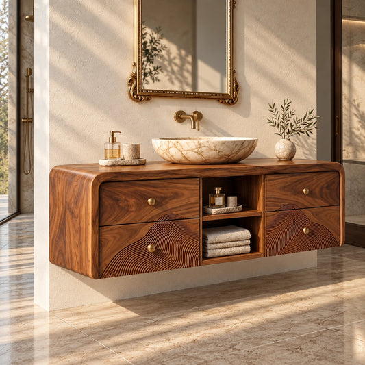 Floating Vanity with Four Drawers, Wave-Carved Lower Pair and Open Towel Shelf - Woodenecho