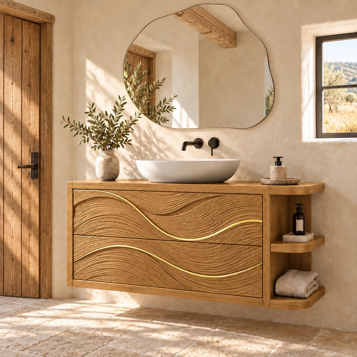 Floating Vanity with Gold-Inlaid Wave Drawers and Open Side Shelves - Woodenecho - 10