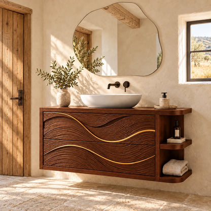 Floating Vanity with Gold-Inlaid Wave Drawers and Open Side Shelves - Woodenecho - 11
