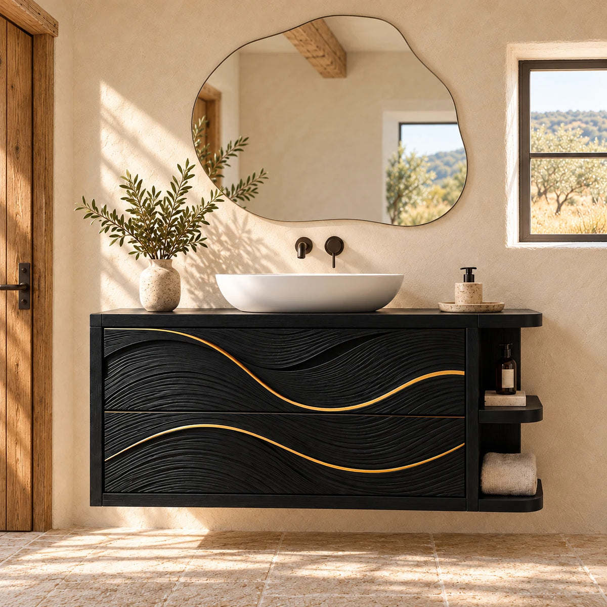 Floating Vanity with Gold-Inlaid Wave Drawers and Open Side Shelves - Woodenecho - 2