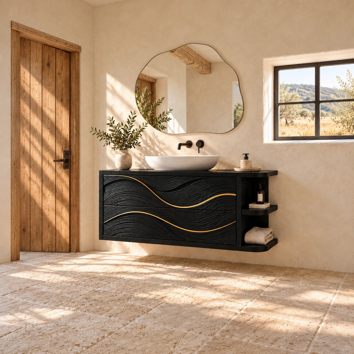 Floating Vanity with Gold-Inlaid Wave Drawers and Open Side Shelves - Woodenecho - 3