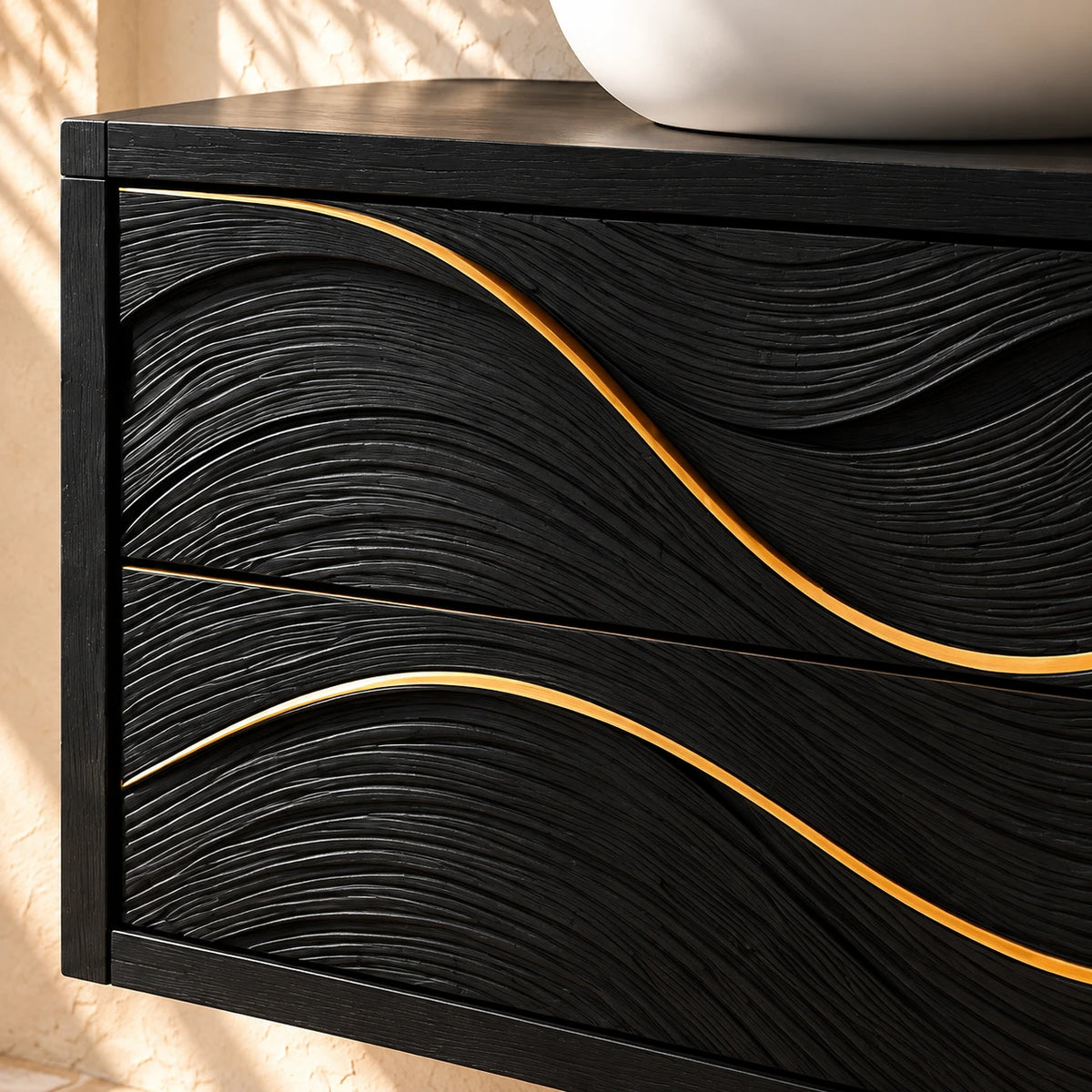 Floating Vanity with Gold-Inlaid Wave Drawers and Open Side Shelves - Woodenecho - 4