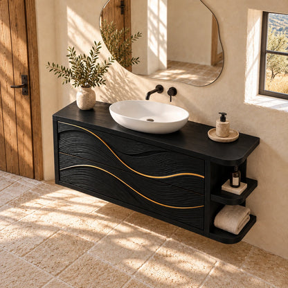 Floating Vanity with Gold-Inlaid Wave Drawers and Open Side Shelves - Woodenecho - 5
