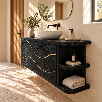 Floating Vanity with Gold-Inlaid Wave Drawers and Open Side Shelves - Woodenecho - 6