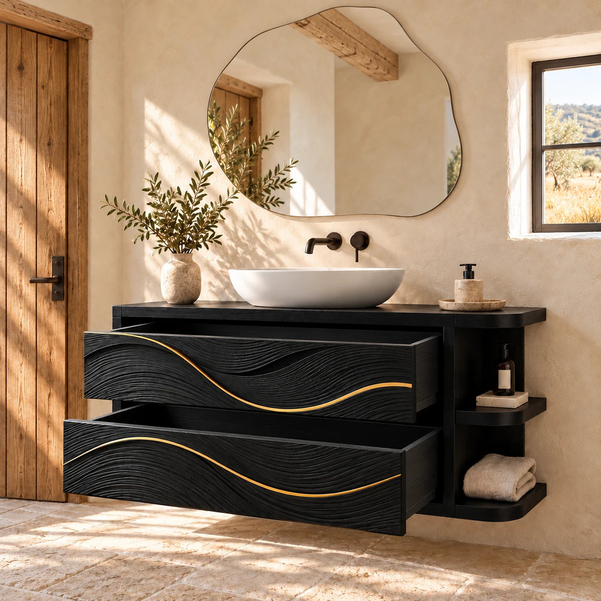 Floating Vanity with Gold-Inlaid Wave Drawers and Open Side Shelves - Woodenecho - 7