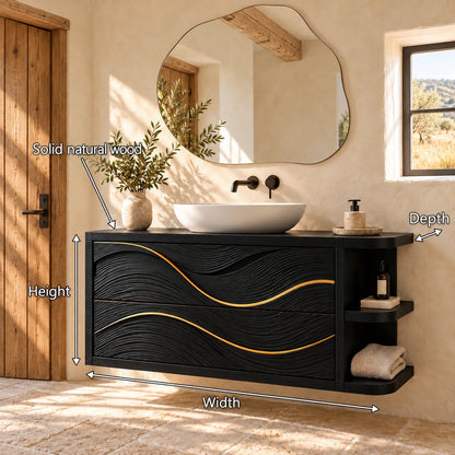 Floating Vanity with Gold-Inlaid Wave Drawers and Open Side Shelves - Woodenecho - 8