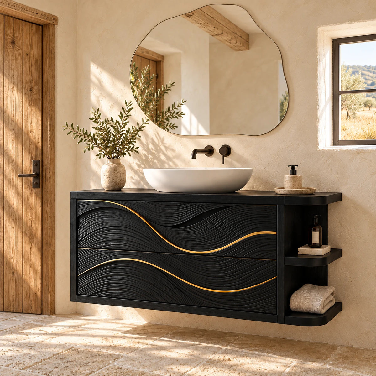 Floating Vanity with Gold-Inlaid Wave Drawers and Open Side Shelves - Woodenecho