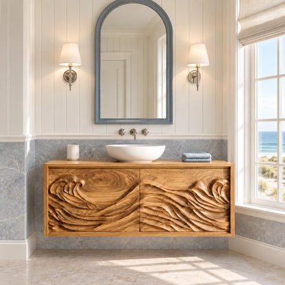 Floating Vanity with Hand-Carved Ocean-Wave Doors and Vessel-Sink Top - Woodenecho - 10