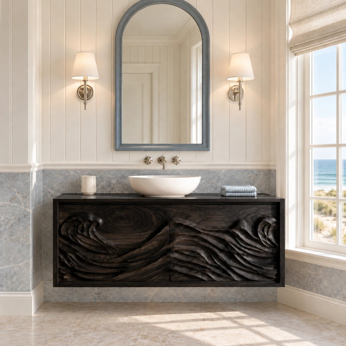 Floating Vanity with Hand-Carved Ocean-Wave Doors and Vessel-Sink Top - Woodenecho - 11