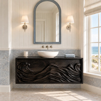 Floating Vanity with Hand-Carved Ocean-Wave Doors and Vessel-Sink Top - Woodenecho - 11