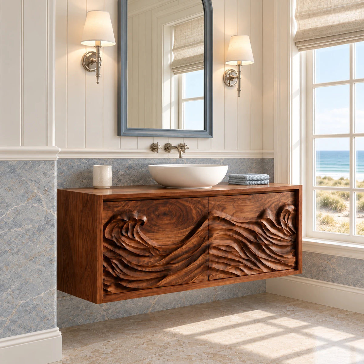 Floating Vanity with Hand-Carved Ocean-Wave Doors and Vessel-Sink Top - Woodenecho - 2