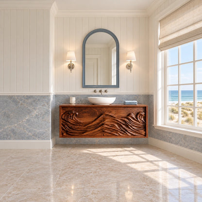 Floating Vanity with Hand-Carved Ocean-Wave Doors and Vessel-Sink Top - Woodenecho - 3