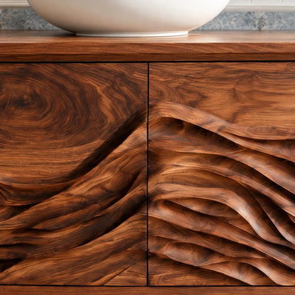 Floating Vanity with Hand-Carved Ocean-Wave Doors and Vessel-Sink Top - Woodenecho - 4