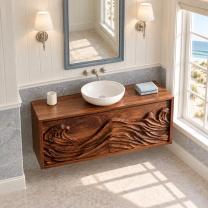 Floating Vanity with Hand-Carved Ocean-Wave Doors and Vessel-Sink Top - Woodenecho - 5
