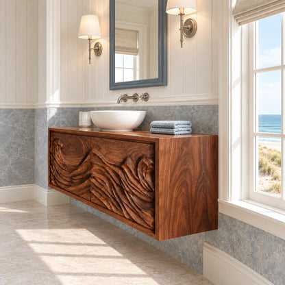 Floating Vanity with Hand-Carved Ocean-Wave Doors and Vessel-Sink Top - Woodenecho - 6