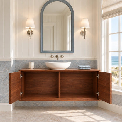 Floating Vanity with Hand-Carved Ocean-Wave Doors and Vessel-Sink Top - Woodenecho - 7