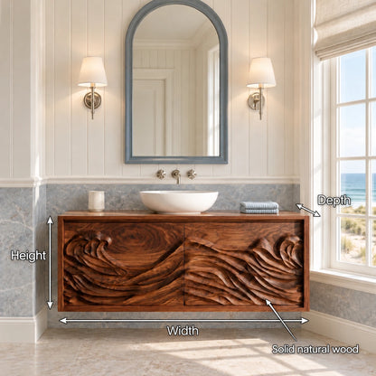 Floating Vanity with Hand-Carved Ocean-Wave Doors and Vessel-Sink Top - Woodenecho - 8