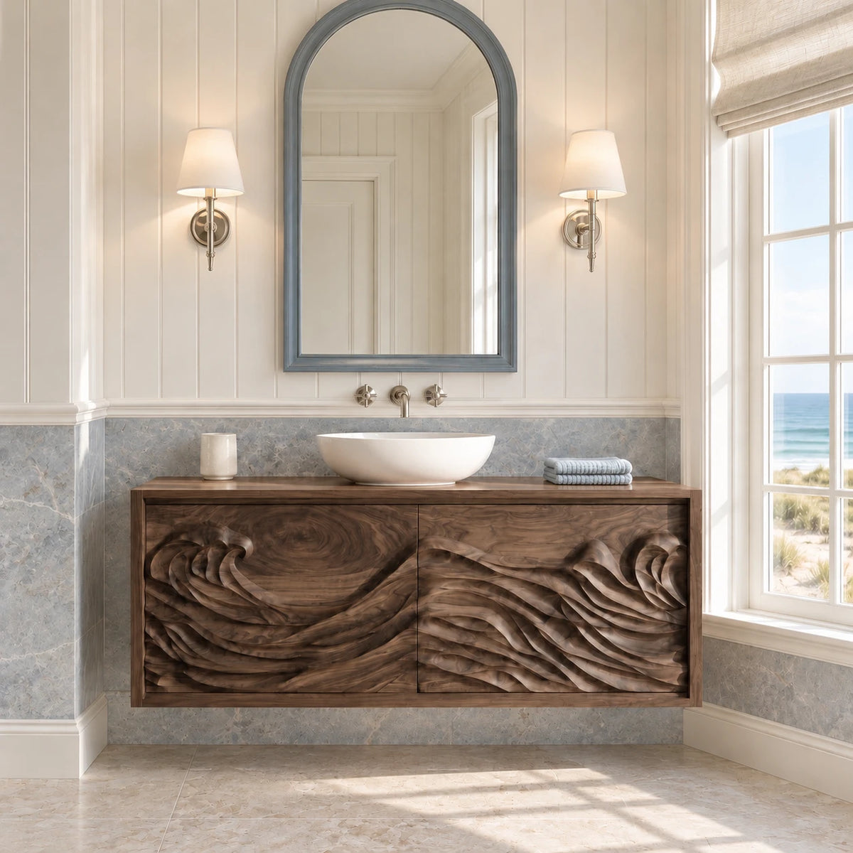 Floating Vanity with Hand-Carved Ocean-Wave Doors and Vessel-Sink Top - Woodenecho - 9