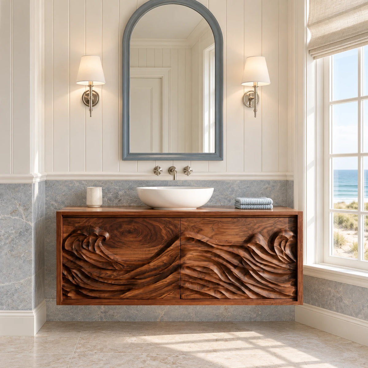 Floating Vanity with Hand-Carved Ocean-Wave Doors and Vessel-Sink Top - Woodenecho