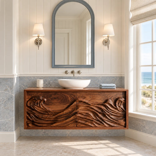 Floating Vanity with Hand-Carved Ocean-Wave Doors and Vessel-Sink Top - Woodenecho