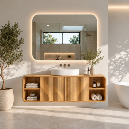 Floating Vanity with Twin Fluted Doors, Rounded Pill Ends and Oval Vessel Basin - Woodenecho - 10