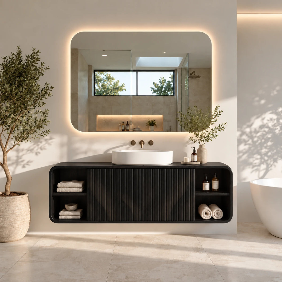 Floating Vanity with Twin Fluted Doors, Rounded Pill Ends and Oval Vessel Basin - Woodenecho - 11