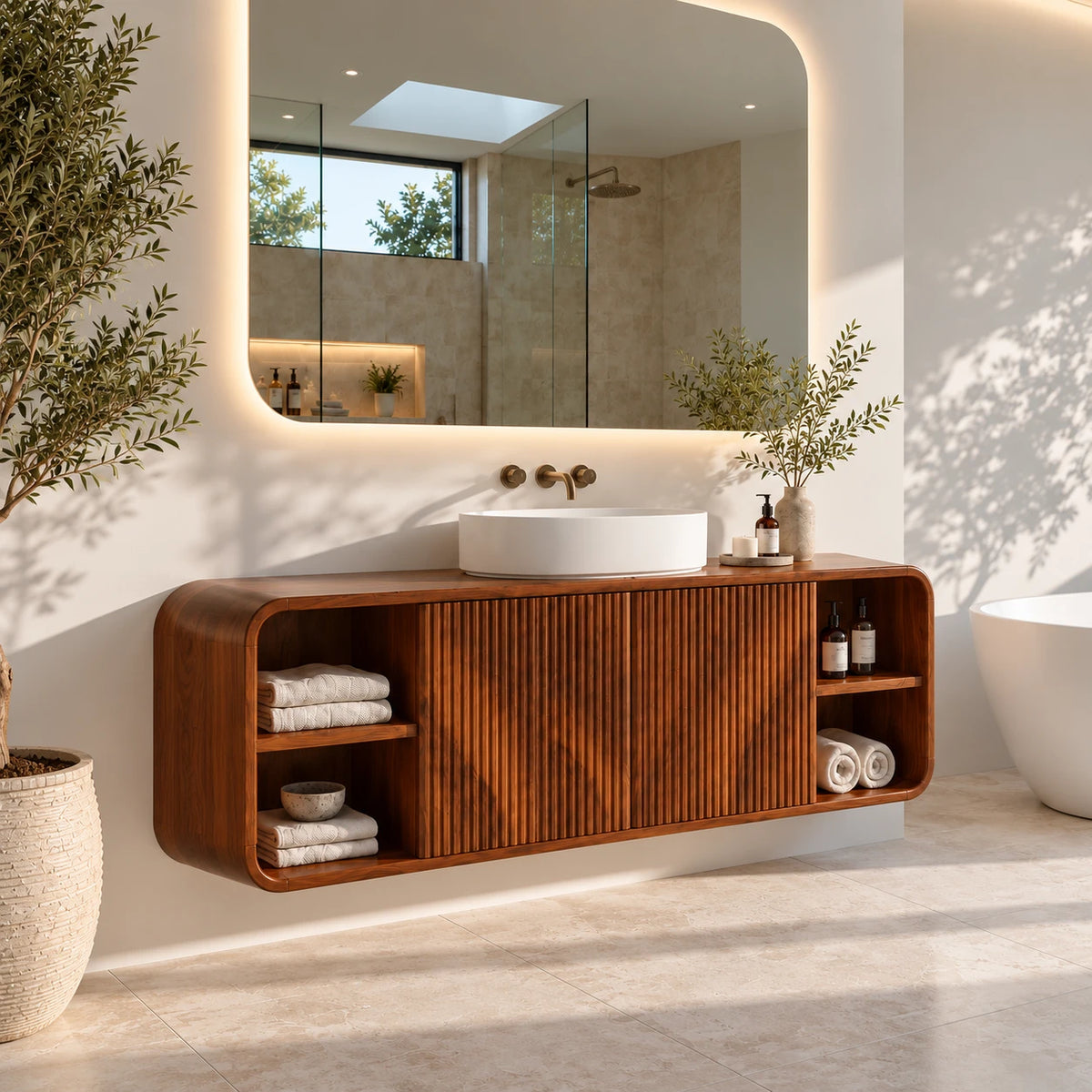 Floating Vanity with Twin Fluted Doors, Rounded Pill Ends and Oval Vessel Basin - Woodenecho - 2