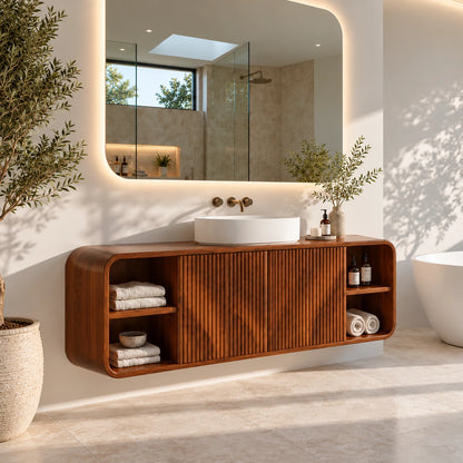 Floating Vanity with Twin Fluted Doors, Rounded Pill Ends and Oval Vessel Basin - Woodenecho - 2