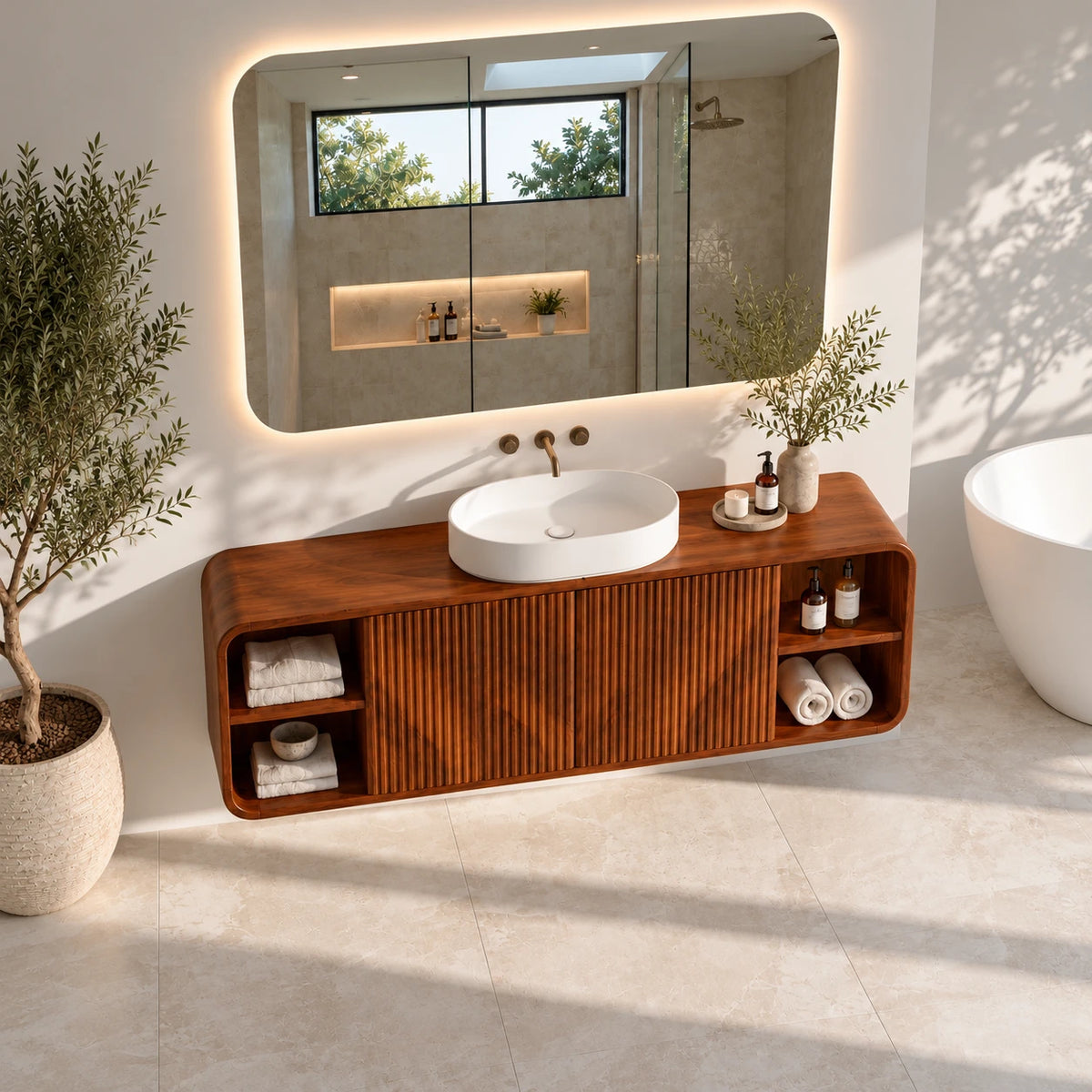 Floating Vanity with Twin Fluted Doors, Rounded Pill Ends and Oval Vessel Basin - Woodenecho - 5