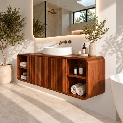 Floating Vanity with Twin Fluted Doors, Rounded Pill Ends and Oval Vessel Basin - Woodenecho - 6