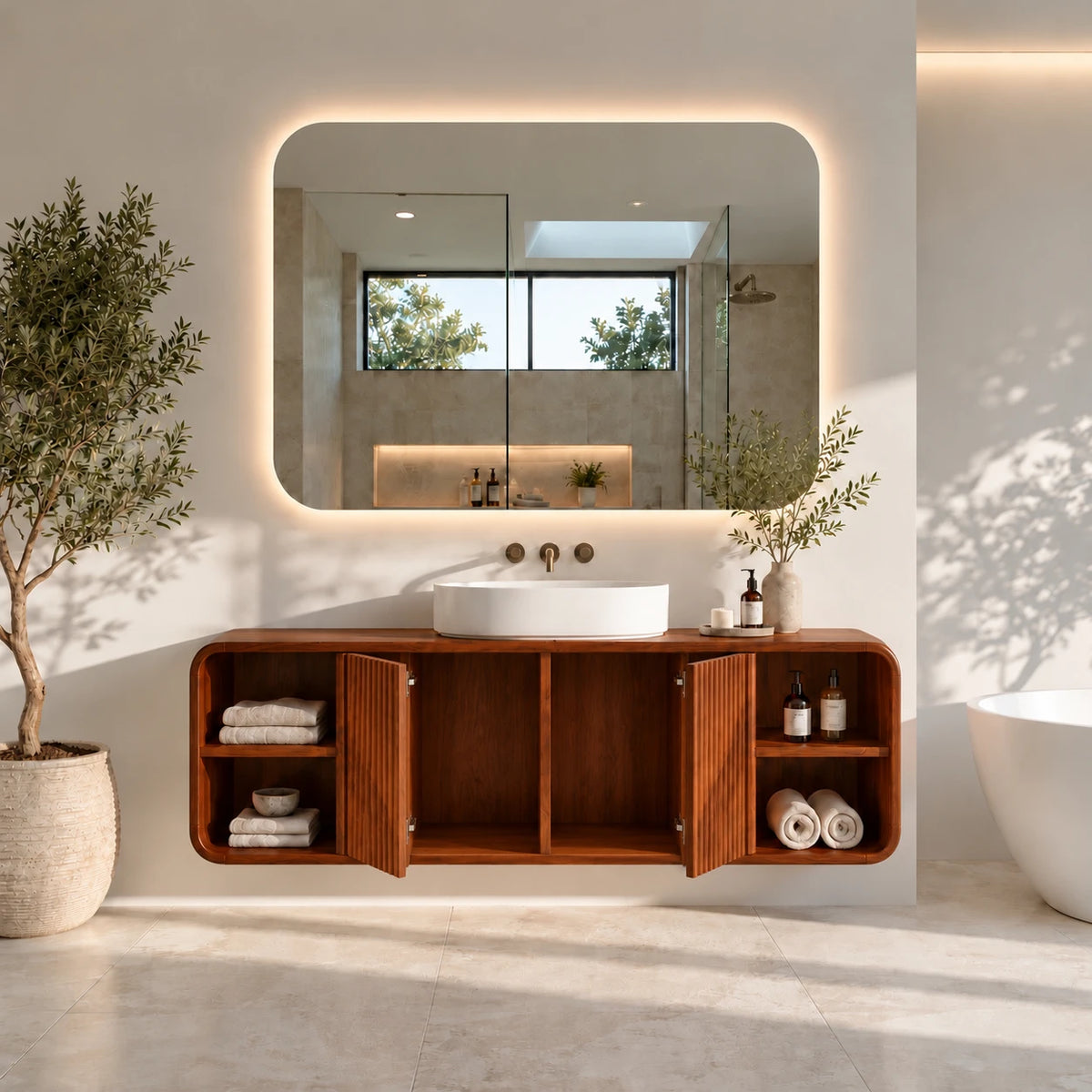 Floating Vanity with Twin Fluted Doors, Rounded Pill Ends and Oval Vessel Basin - Woodenecho - 7
