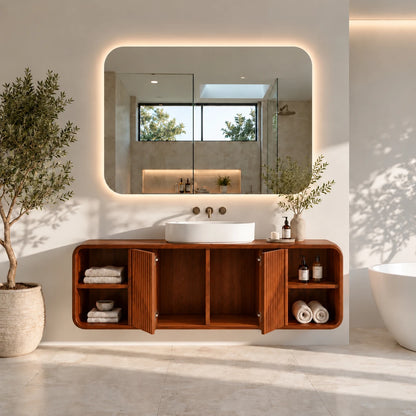 Floating Vanity with Twin Fluted Doors, Rounded Pill Ends and Oval Vessel Basin - Woodenecho - 7