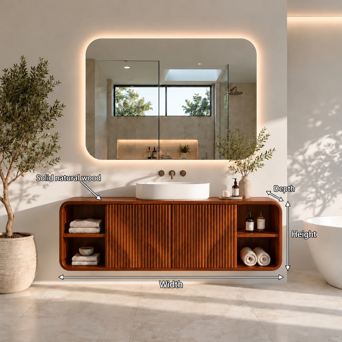 Floating Vanity with Twin Fluted Doors, Rounded Pill Ends and Oval Vessel Basin - Woodenecho - 8
