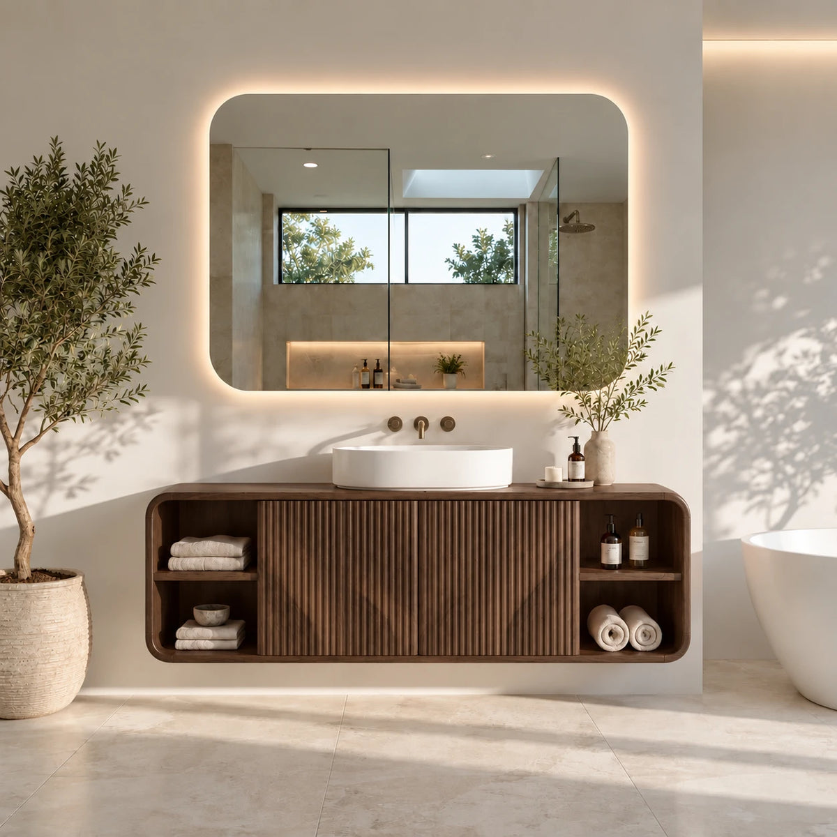 Floating Vanity with Twin Fluted Doors, Rounded Pill Ends and Oval Vessel Basin - Woodenecho - 9