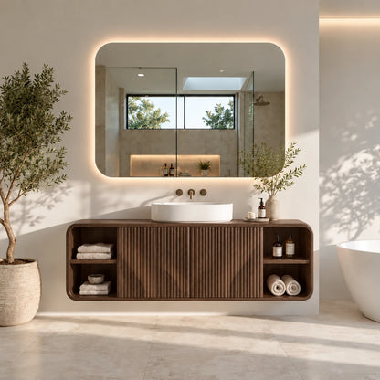 Floating Vanity with Twin Fluted Doors, Rounded Pill Ends and Oval Vessel Basin - Woodenecho - 9
