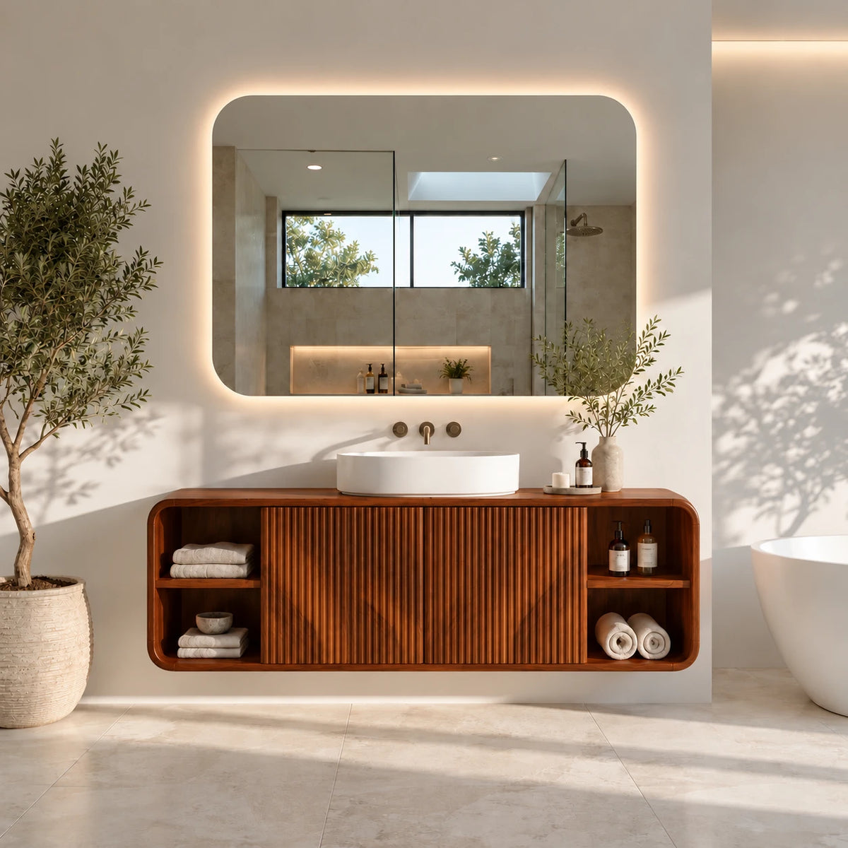 Floating Vanity with Twin Fluted Doors, Rounded Pill Ends and Oval Vessel Basin - Woodenecho