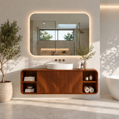 Floating Vanity with Twin Fluted Doors, Rounded Pill Ends and Oval Vessel Basin - Woodenecho