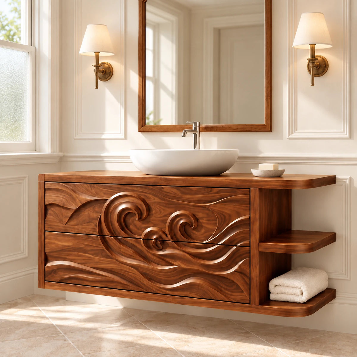 Floating Vanity with Wave-Carved Drawers and Cantilevered Open Side Shelves - Woodenecho - 10