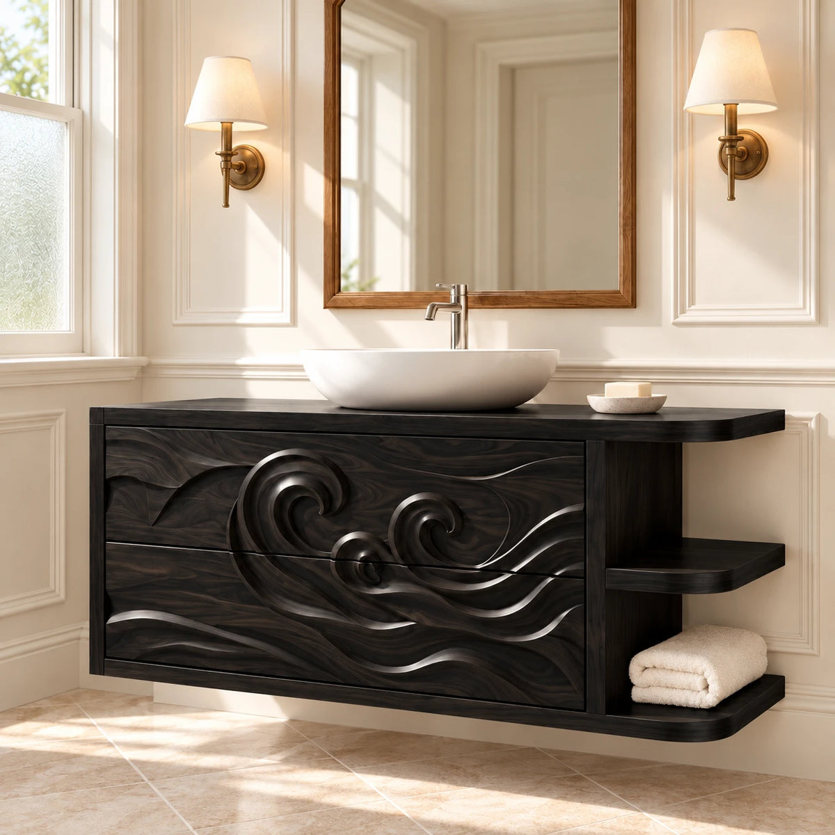 Floating Vanity with Wave-Carved Drawers and Cantilevered Open Side Shelves - Woodenecho - 11