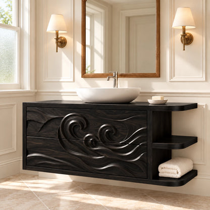 Floating Vanity with Wave-Carved Drawers and Cantilevered Open Side Shelves - Woodenecho - 11