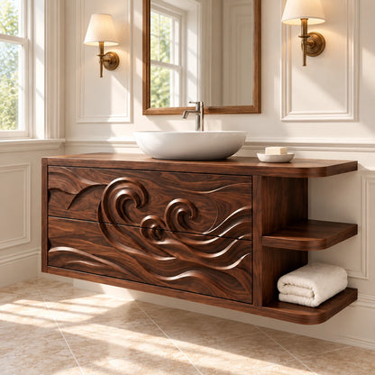 Floating Vanity with Wave-Carved Drawers and Cantilevered Open Side Shelves - Woodenecho - 2