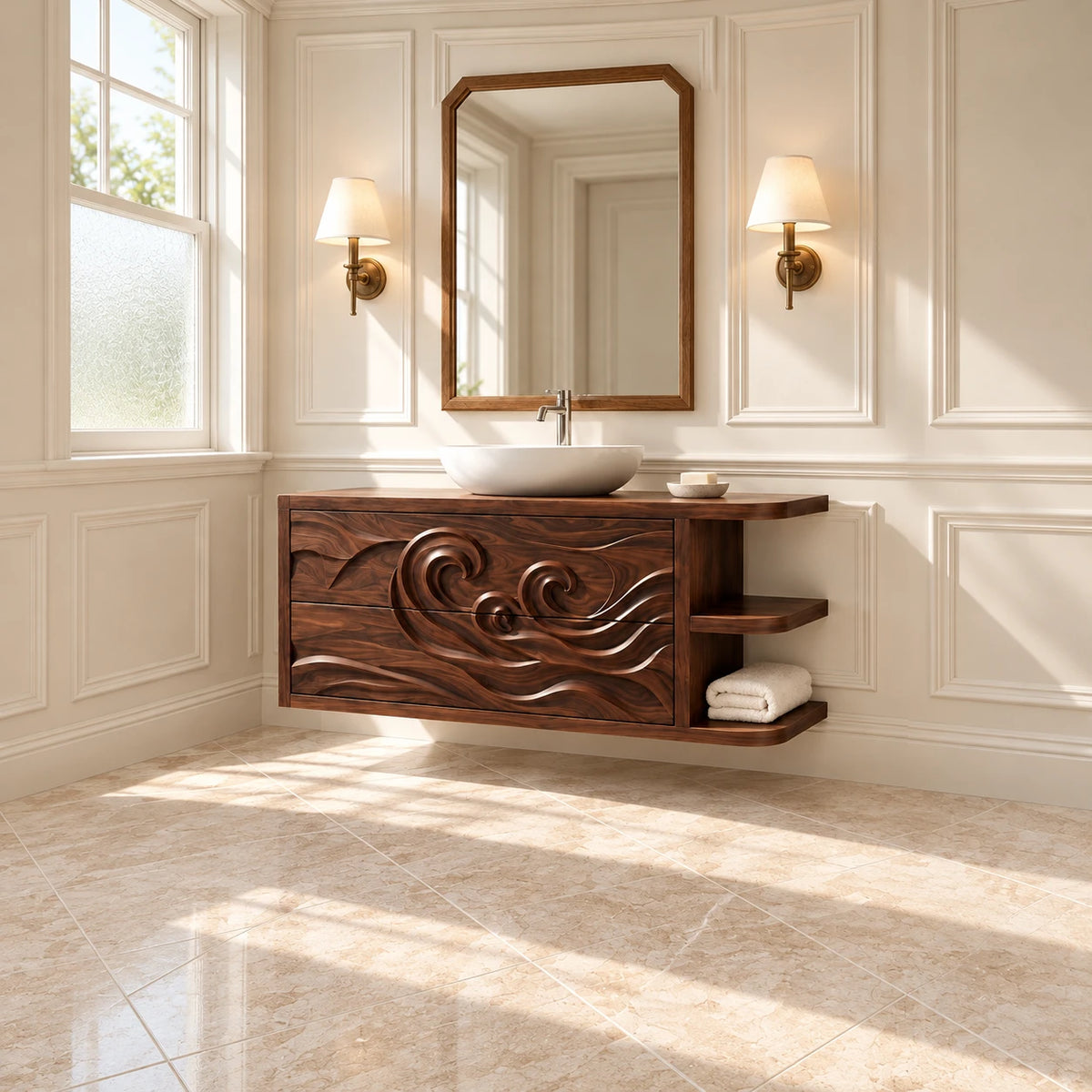 Floating Vanity with Wave-Carved Drawers and Cantilevered Open Side Shelves - Woodenecho - 3