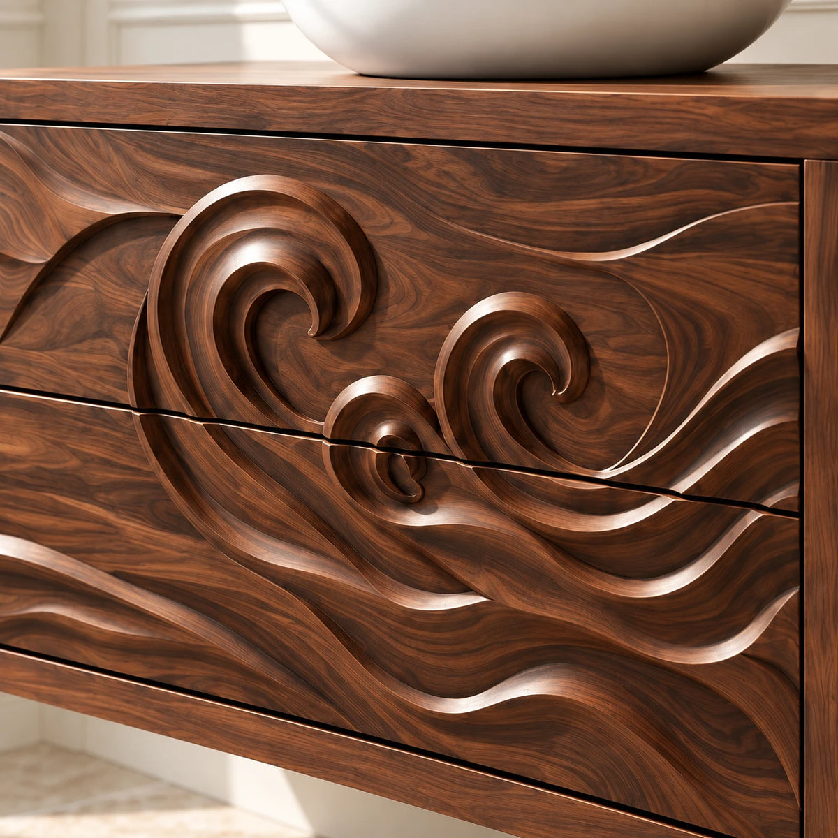 Floating Vanity with Wave-Carved Drawers and Cantilevered Open Side Shelves - Woodenecho - 4