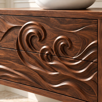Floating Vanity with Wave-Carved Drawers and Cantilevered Open Side Shelves - Woodenecho - 4