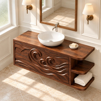Floating Vanity with Wave-Carved Drawers and Cantilevered Open Side Shelves - Woodenecho - 5
