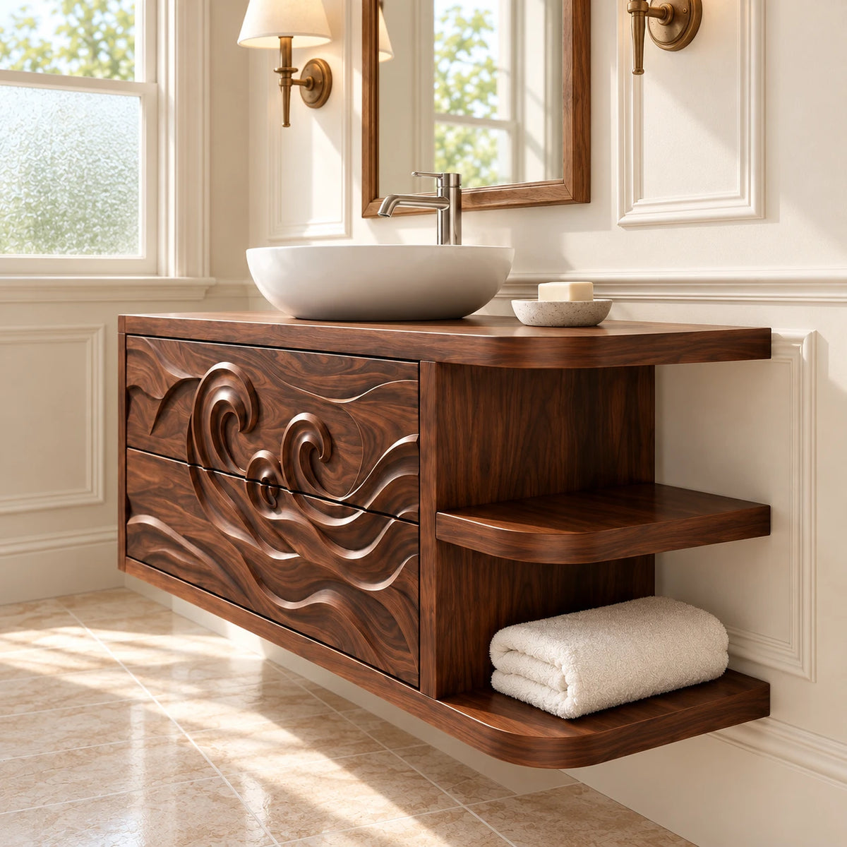 Floating Vanity with Wave-Carved Drawers and Cantilevered Open Side Shelves - Woodenecho - 6